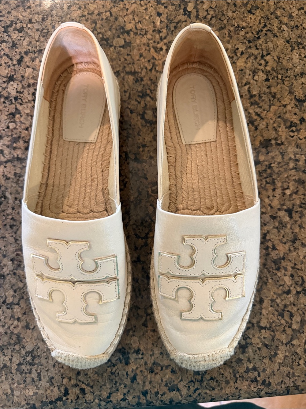 Tory Burch Ivory Leather Logo Espadrille Flats